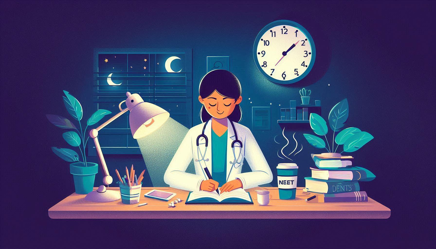 A motivational scene showing a medical student's desk at night, with a lamp, a cup of coffee, and a clock indicating late hours, symbolizing the dedication and hard work required for NEET PG preparation.