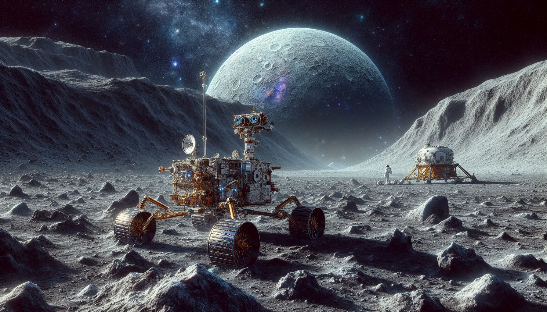 An artist's rendition of the Chandrayaan-3 rover exploring the moon's surface, with the lander in the background. The scene should capture the rugged terrain of the moon and the rover's scientific instruments at work.