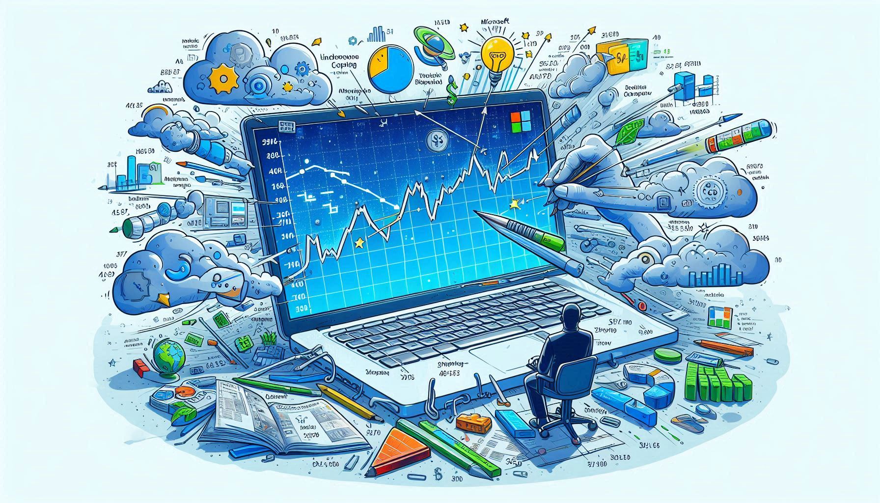 A graph showing Microsoft's stock price trend over the past year, with annotations highlighting significant events such as product launches, earnings reports, and market changes.