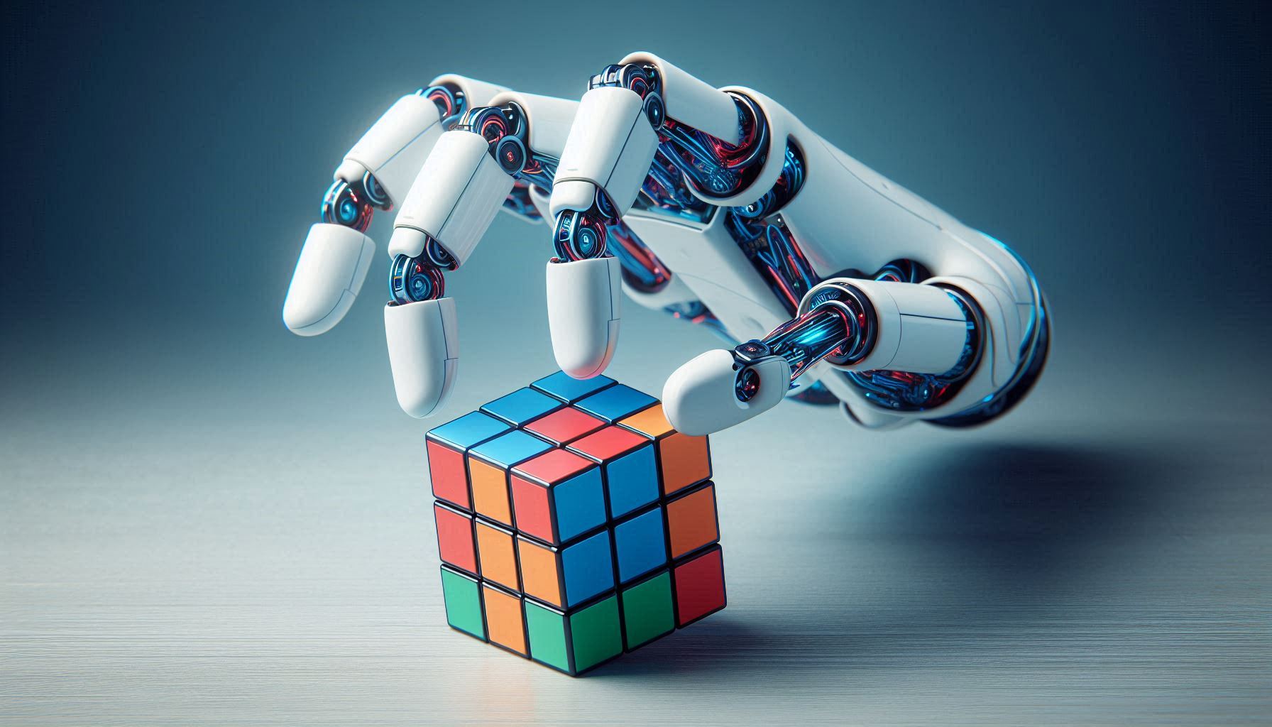 A robot hand delicately manipulating a Rubik's cube, symbolizing the advanced manipulation capabilities developed by OpenAI.