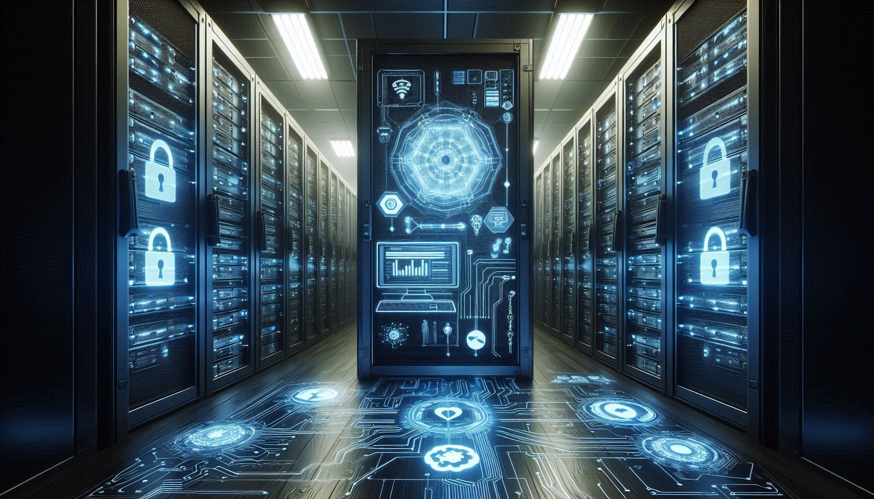 A secure server room with complex data streams flowing across screens, representing the enhanced privacy measures implemented by OpenAI.