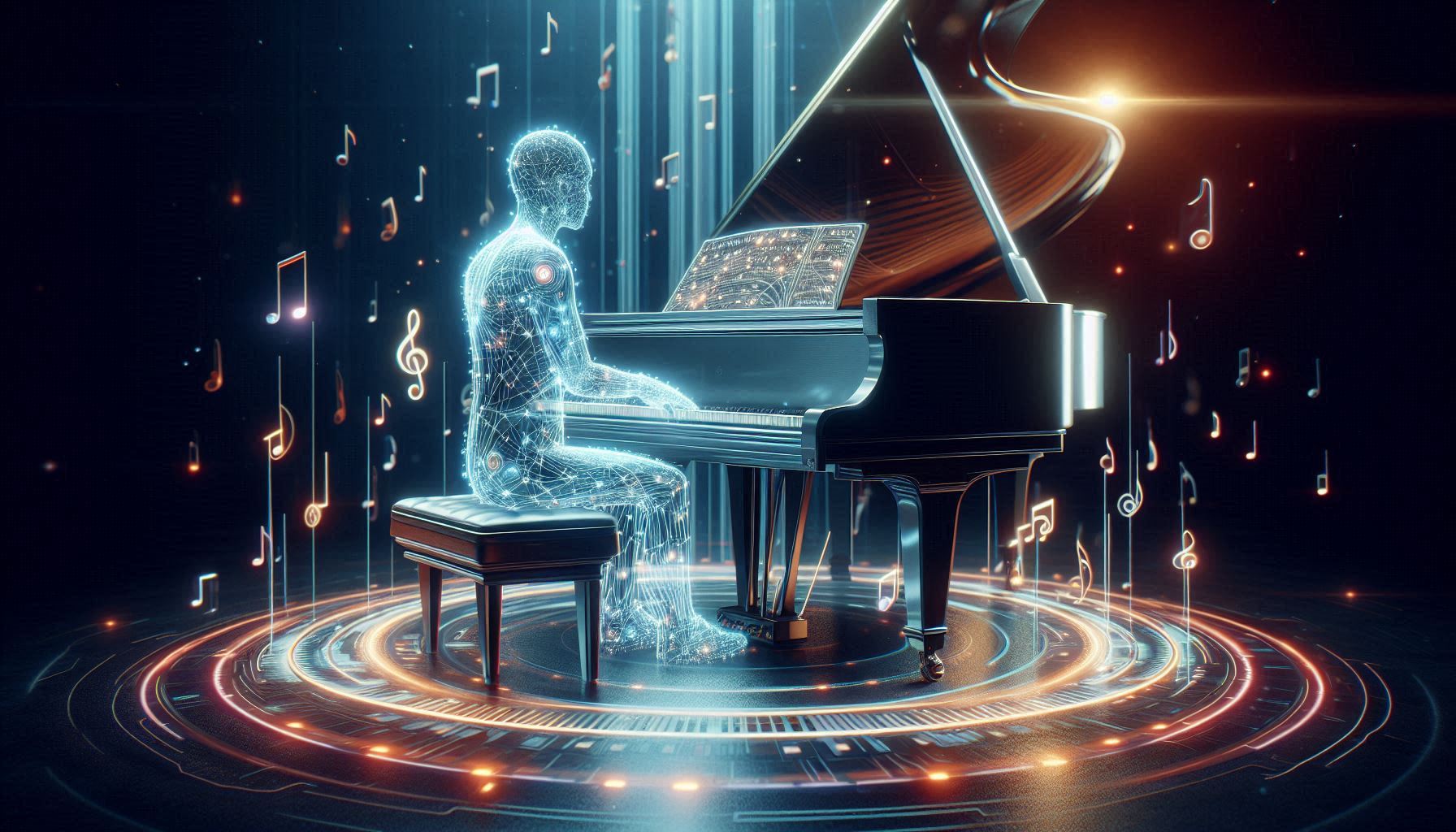 A grand piano with a holographic AI conductor, symbolizing the music generation capabilities of OpenAI's MuseNet.