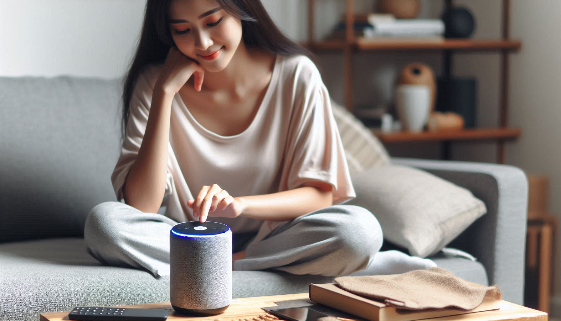 A person interacting with a digital voice assistant on a smart speaker. The person should be relaxed and comfortable, highlighting the convenience brought about by this technology