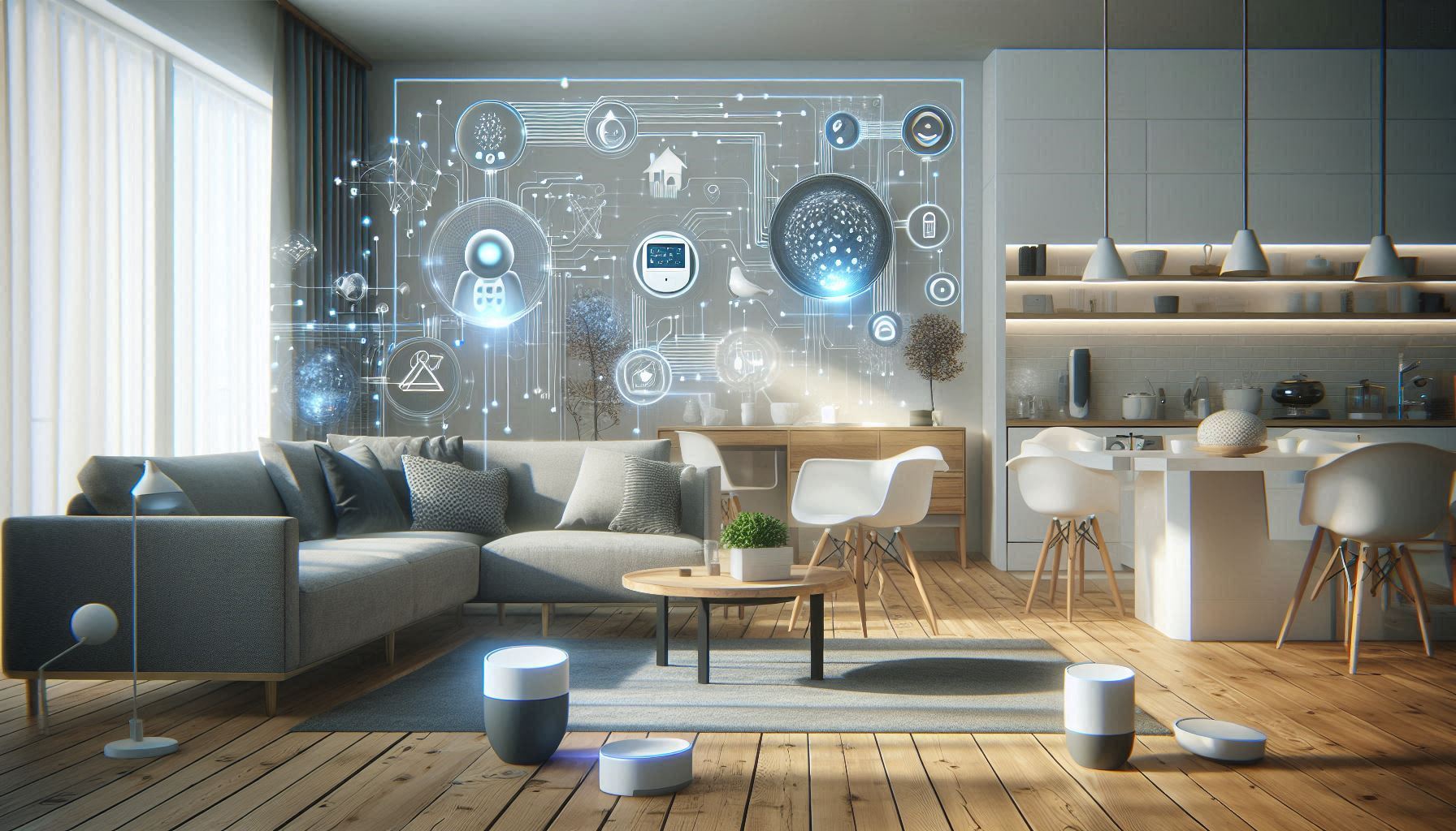 A smart home interior with various AI-powered devices. The image should convey a sense of modernity and efficiency