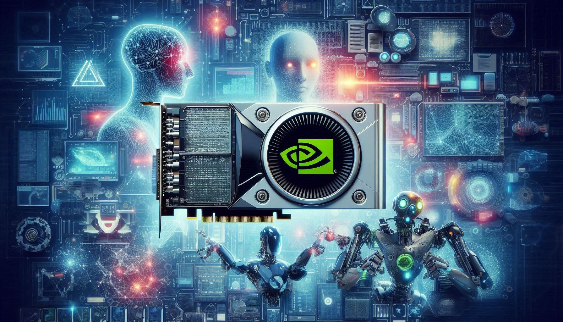 A collage featuring Nvidia's logo, a GPU, and various AI-related imagery such as neural networks and robots. The image should convey the breadth and depth of Nvidia's involvement in AI