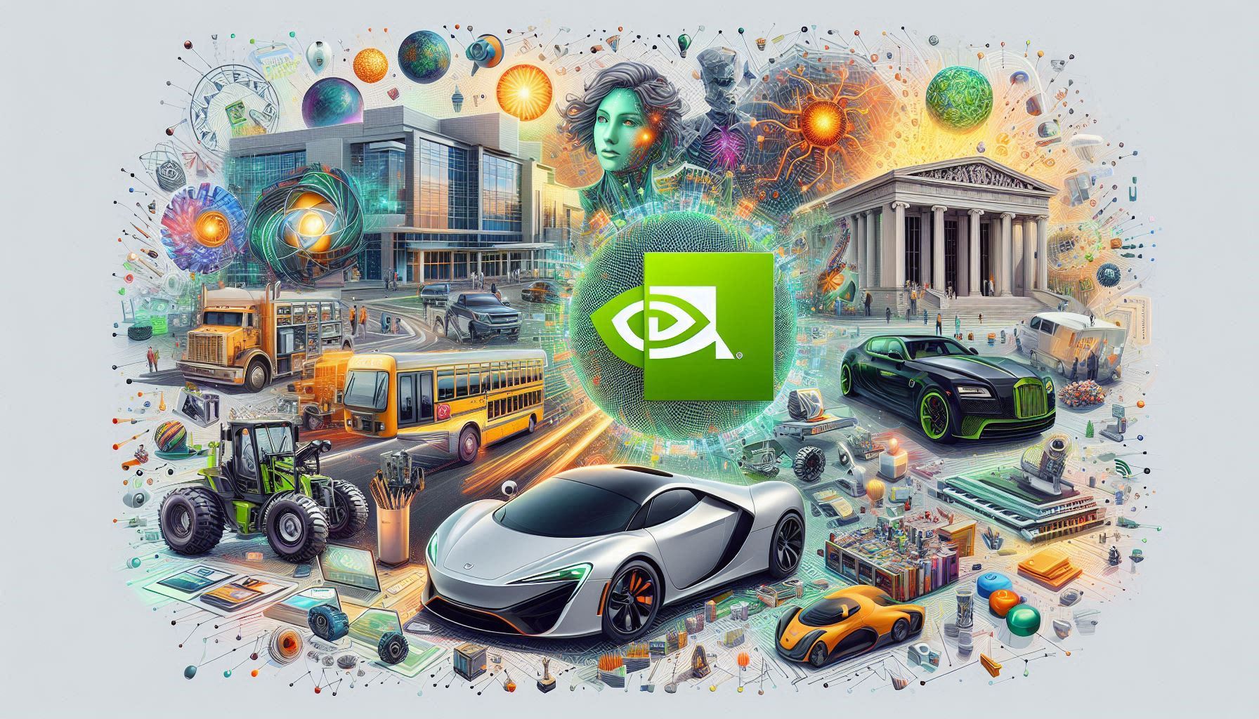 An image showing a collage of Nvidia's AI research projects. The collage should include elements such as 3D deep learning models, autonomous vehicles, AI art, and applied research projects. The image should convey the diversity and innovation of Nvidia's AI research