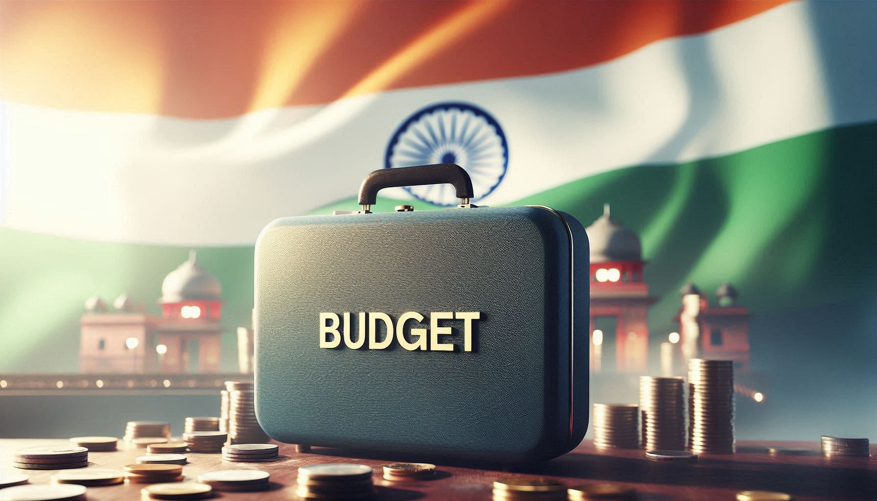 A close-up image of the "Budget Briefcase", symbolizing the importance and anticipation of the Budget 2024. The briefcase is set against a backdrop of the Indian flag, representing the national significance of the budget.