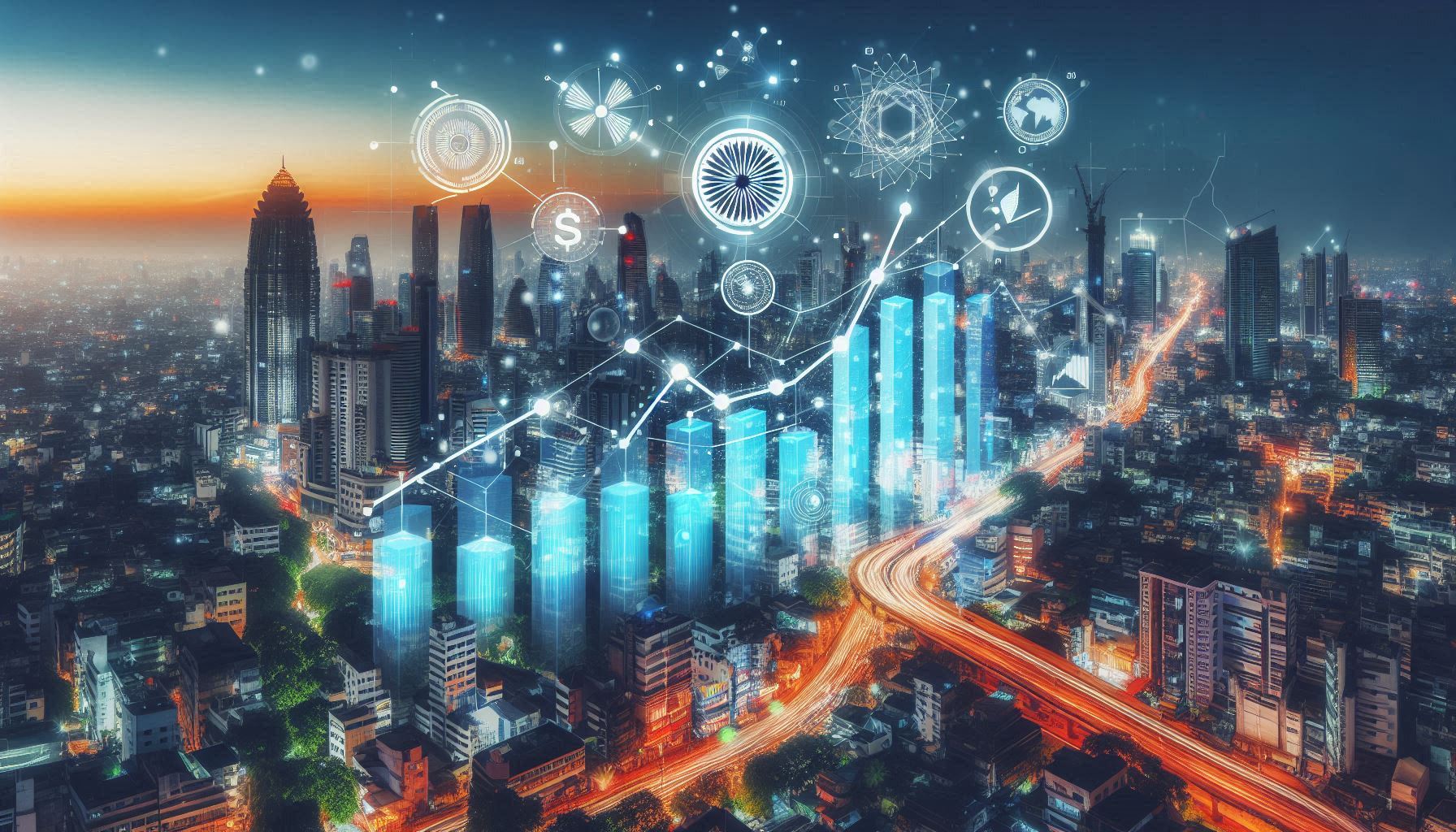 A graph showing the projected growth of the Indian economy in 2024, with key sectors highlighted. The graph is set against a backdrop of a bustling cityscape, symbolizing the vibrancy and potential of the Indian economy.