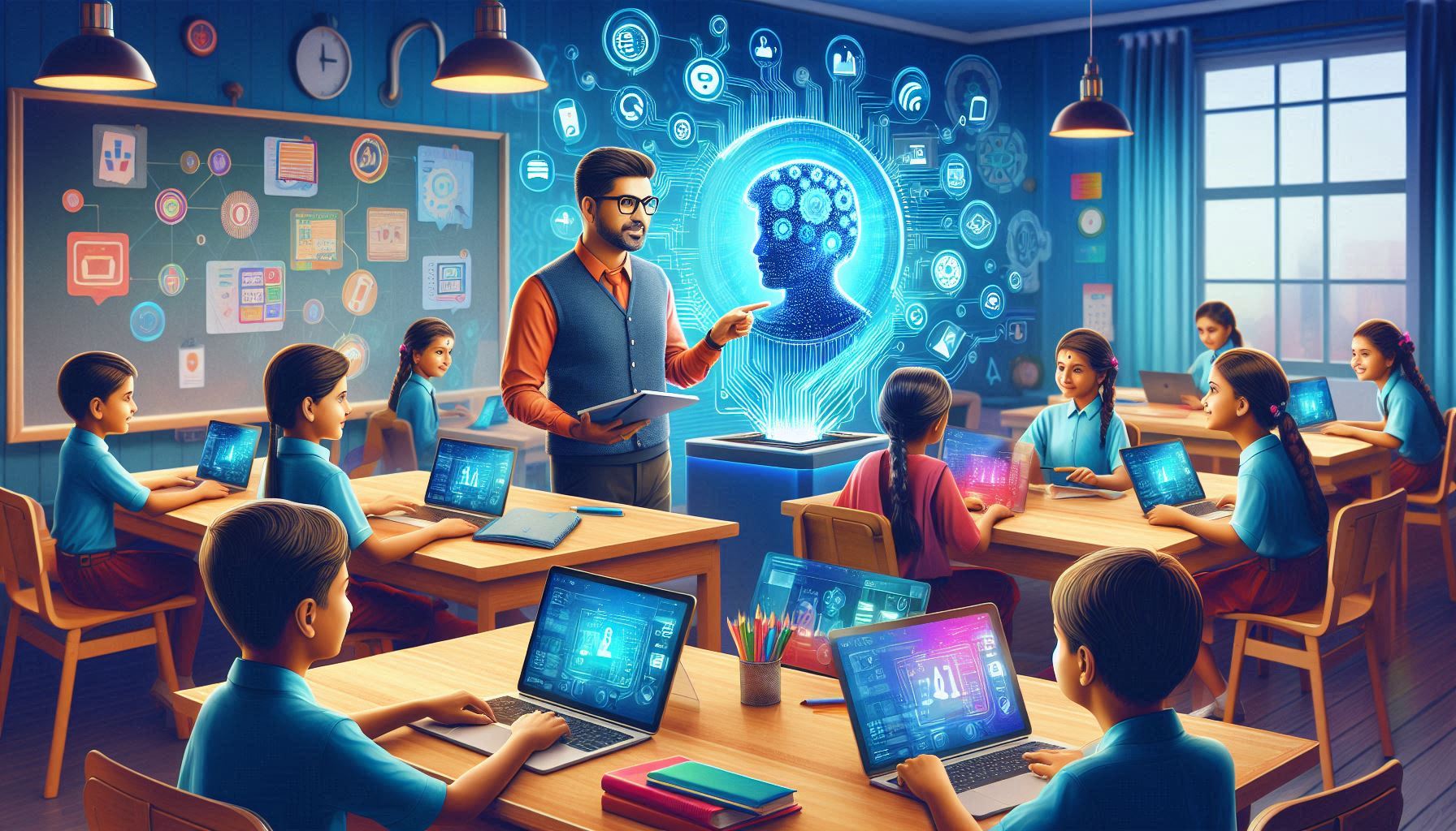 A vibrant Indian classroom with students using AI-powered learning tools. The main subject should be a teacher interacting with students through a digital interface, showcasing personalized learning paths. The setting should be modern and tech-savvy, with elements like smartboards, tablets, and AI-driven educational software. The mood should be engaging and futuristic, highlighting the transformative impact of AI on education.