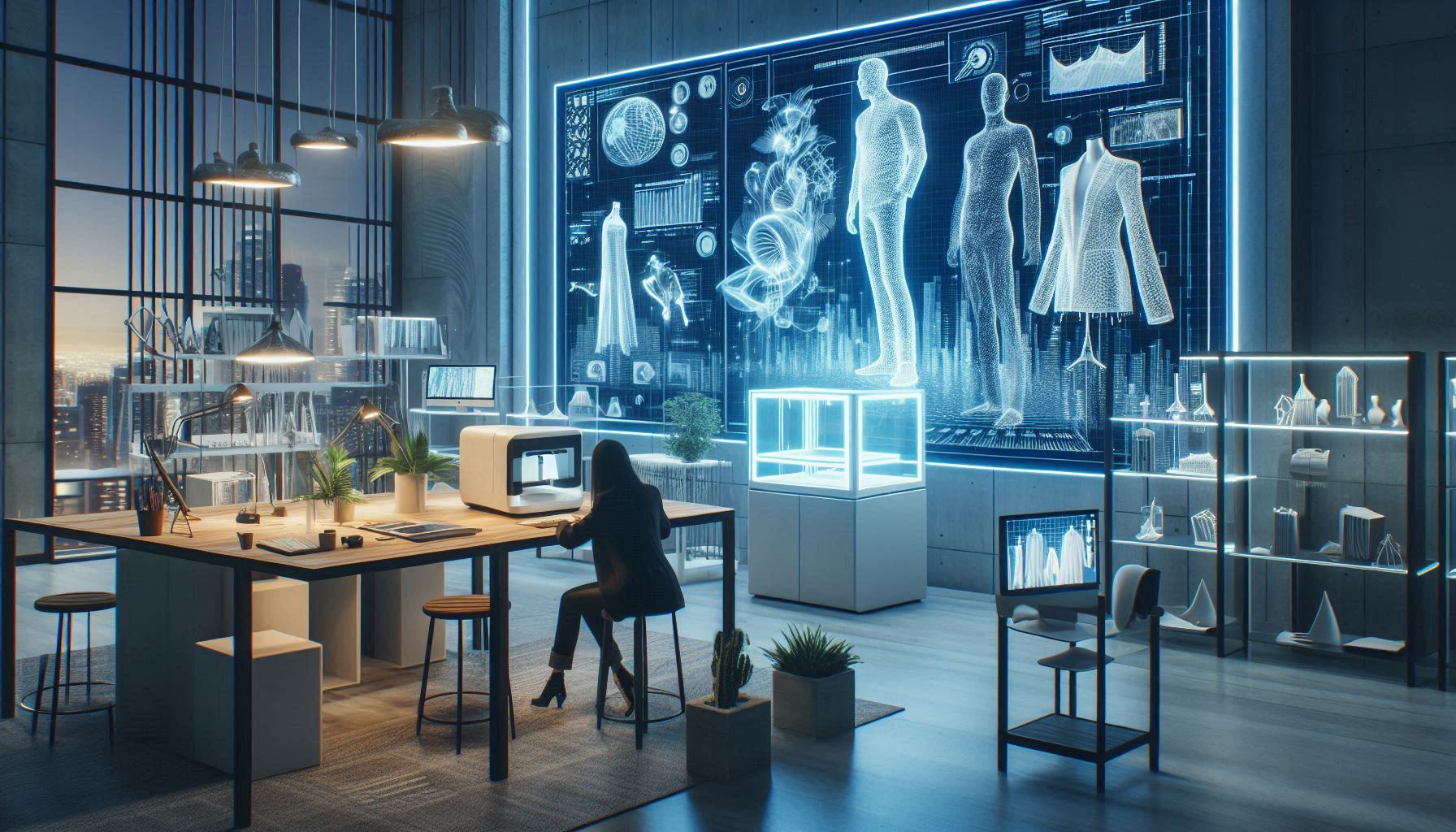 A futuristic fashion studio with designers using 3D printing technology to create sustainable garments. The setting should be modern and high-tech, with 3D printers and digital screens displaying design prototypes. The mood should be innovative and forward-thinking