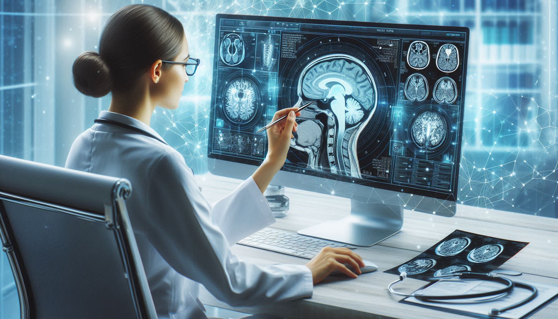 An image depicting an AI-powered diagnostic system analyzing a medical image, such as an MRI scan, with a doctor reviewing the results on a screen. The setting should be a modern medical facility, with the mood conveying precision and technological advancement.