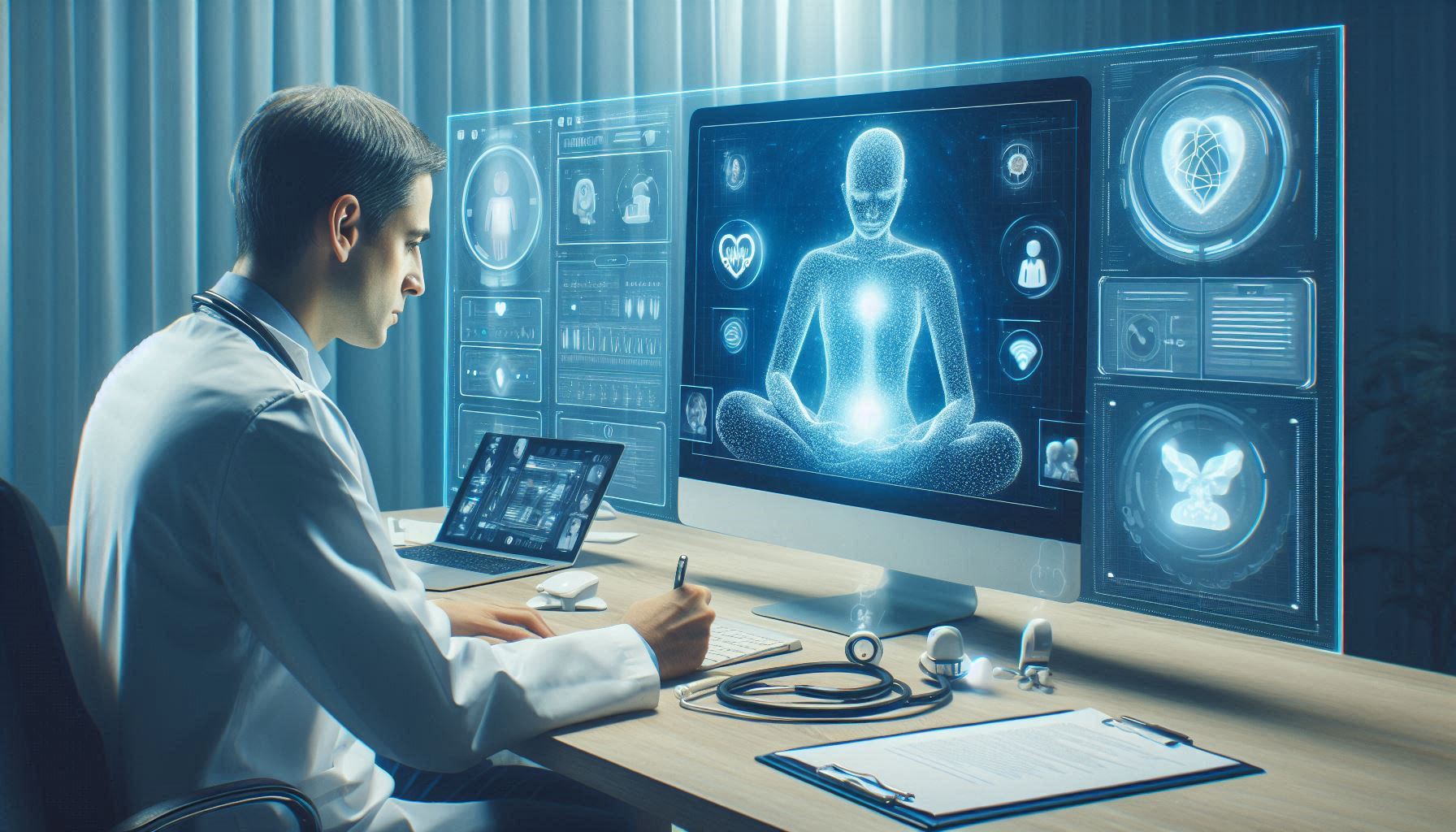 An image of a doctor conducting a telemedicine consultation with a patient via a large screen. The doctor should be surrounded by AI-powered tools, such as virtual assistants and automated charting software, that assist in the consultation. The mood should be professional and efficient, highlighting the seamless integration of AI in telemedicine.