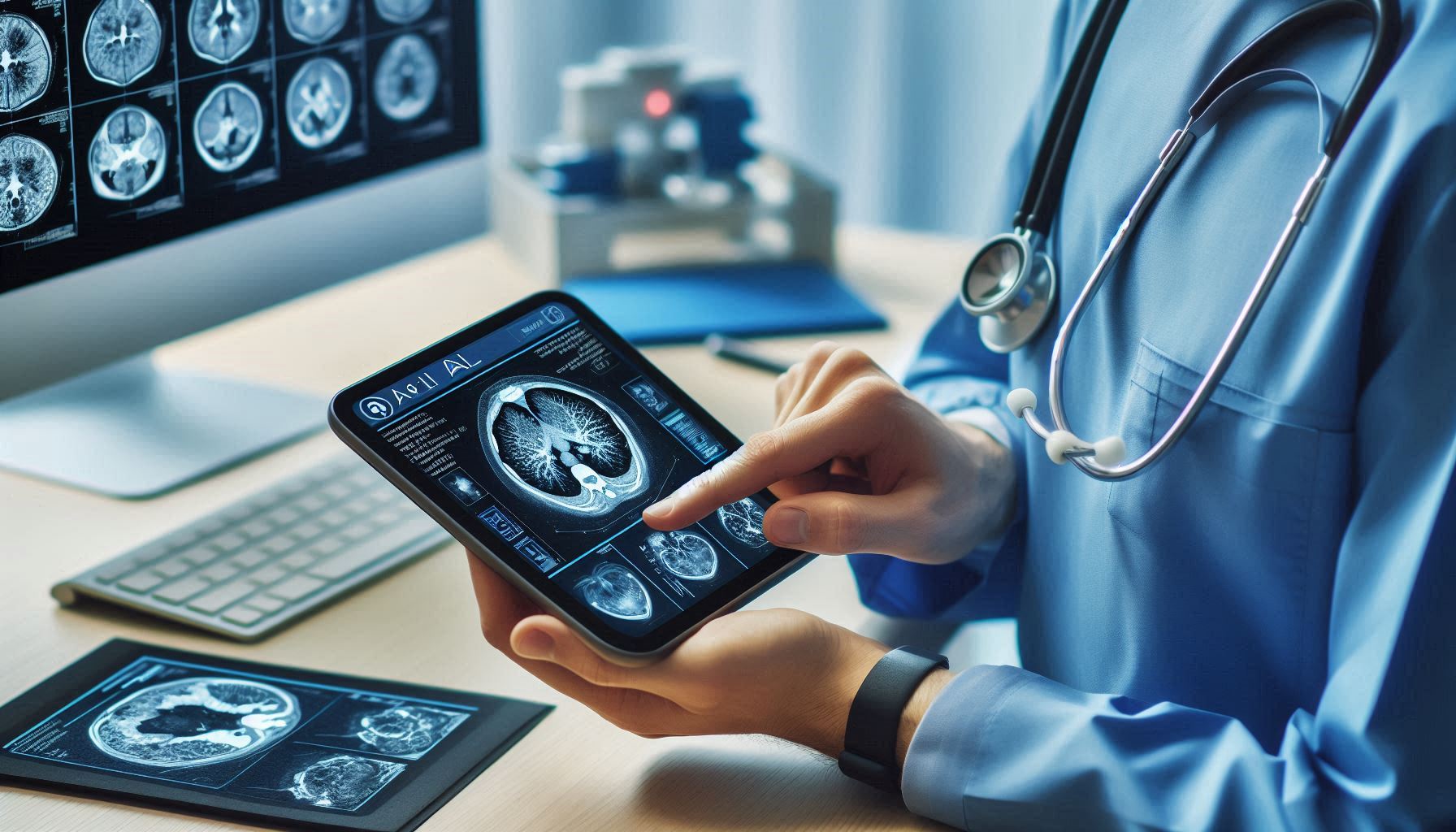 A healthcare professional using an AI-powered device to analyze medical images. The device should display detailed scans with AI-generated insights, highlighting the precision and efficiency of AI in diagnostics.