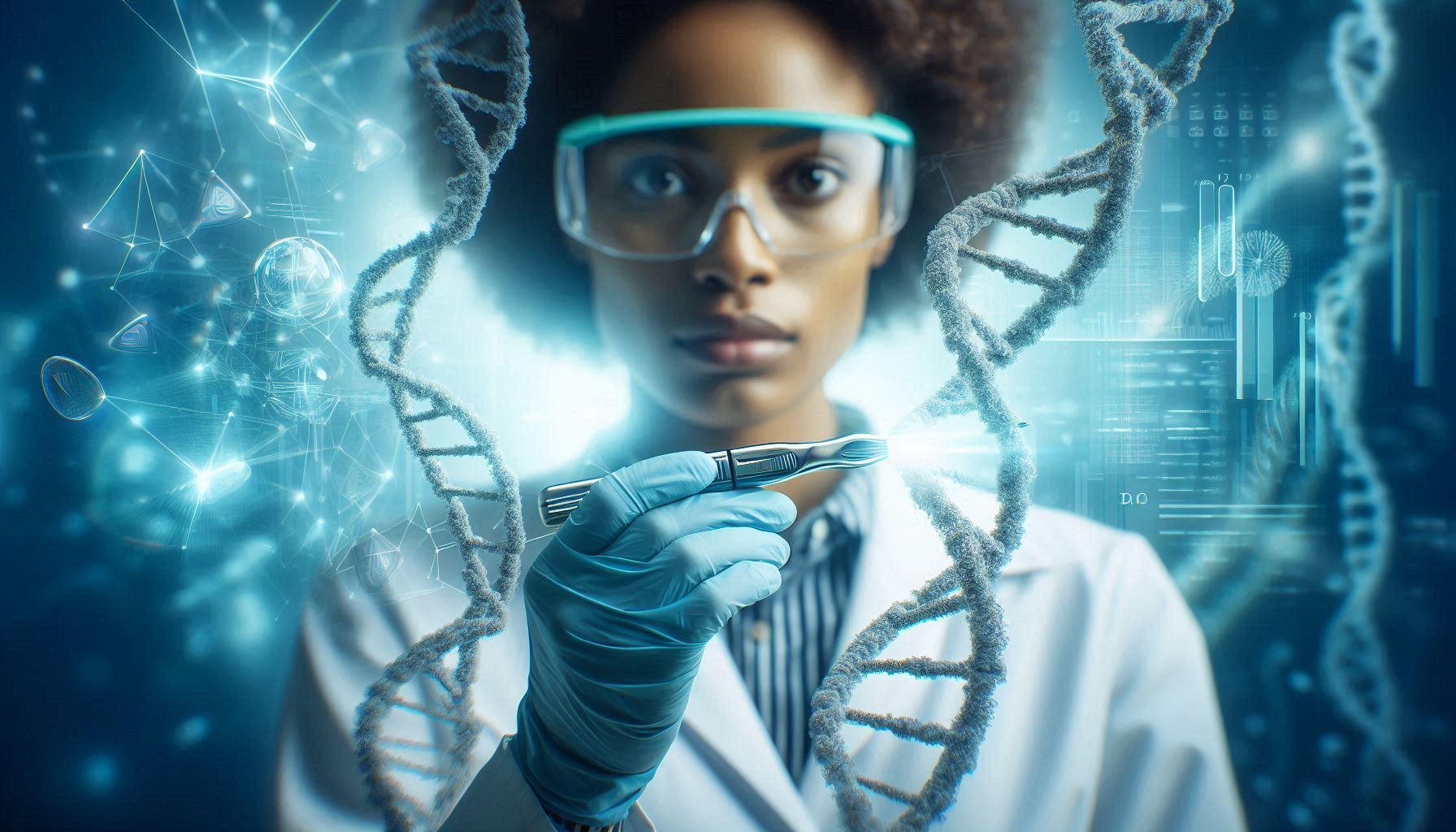 An image of a scientist holding a CRISPR tool, with a DNA strand in the background. The scientist should be wearing a lab coat and safety goggles, and the lighting should be bright and sterile. The DNA strand should be colored in shades of blue and green, and the CRISPR tool should be silver and sharp.