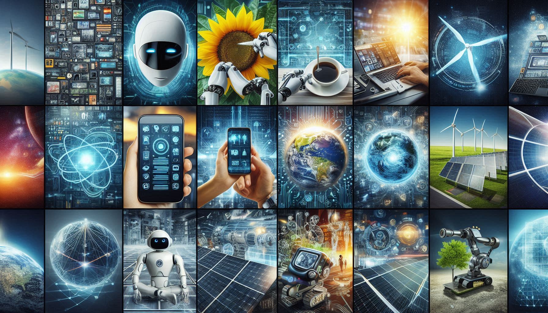 A montage of images showcasing modern technologies like smartphones, AI, robotics, and renewable energy