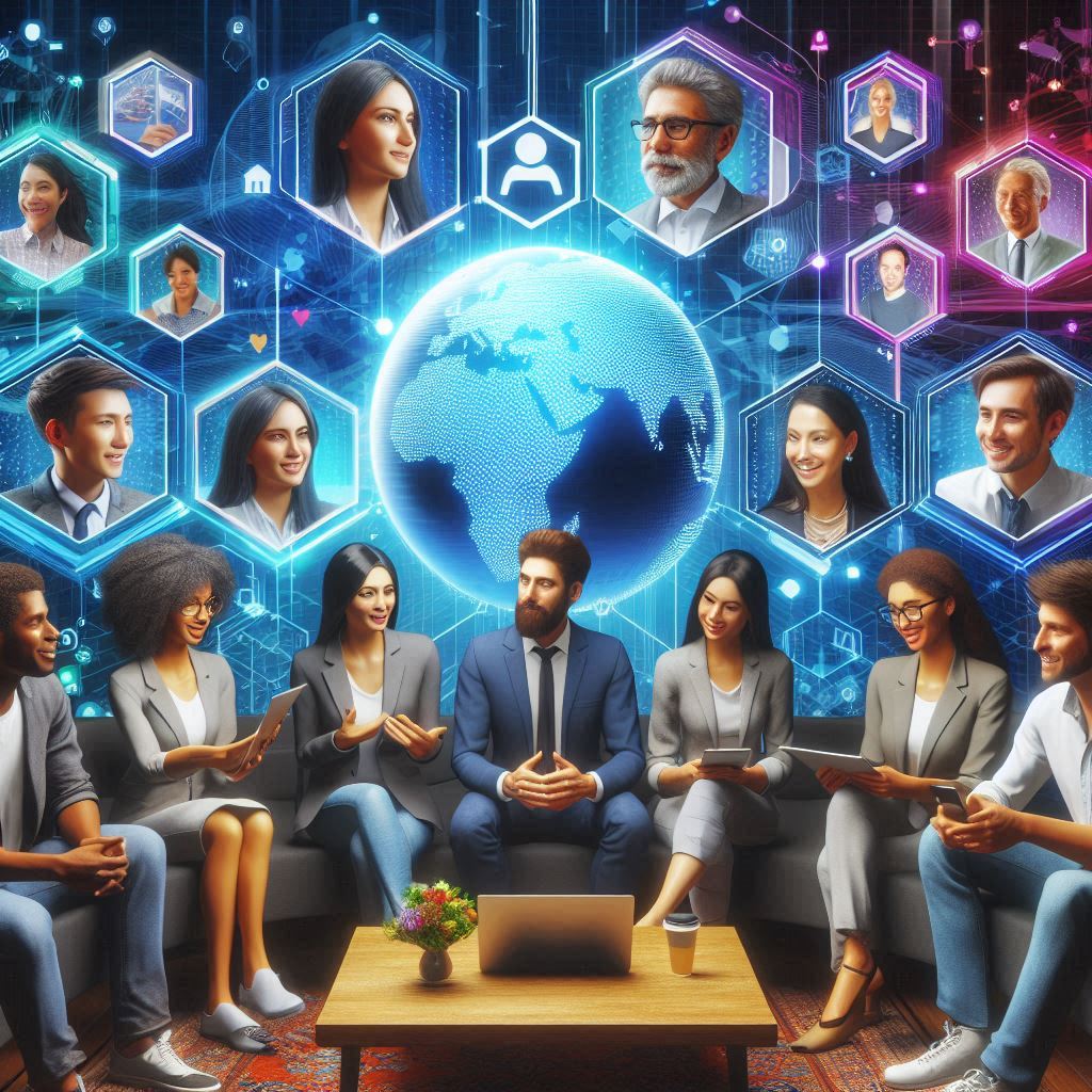 A diverse group of people interacting in a virtual world, showcasing the metaverse's potential for building communities and connecting people.