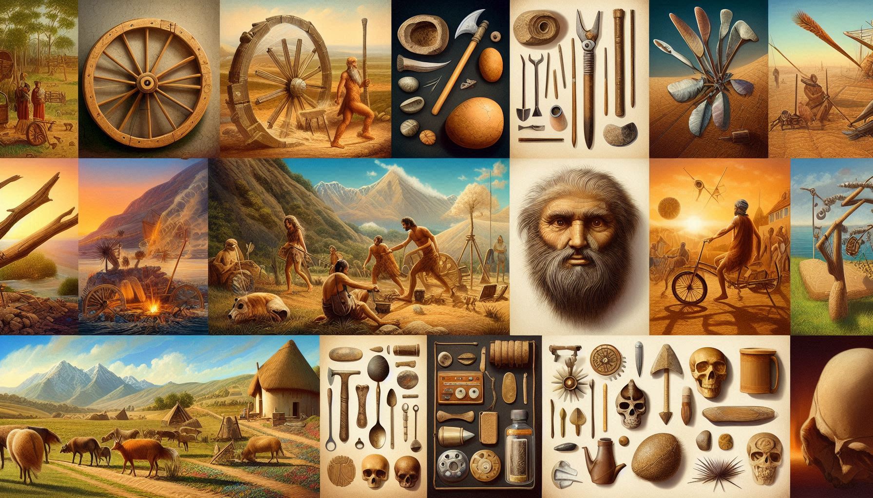 Collage depicting early human tools, agricultural advancements, and early inventions